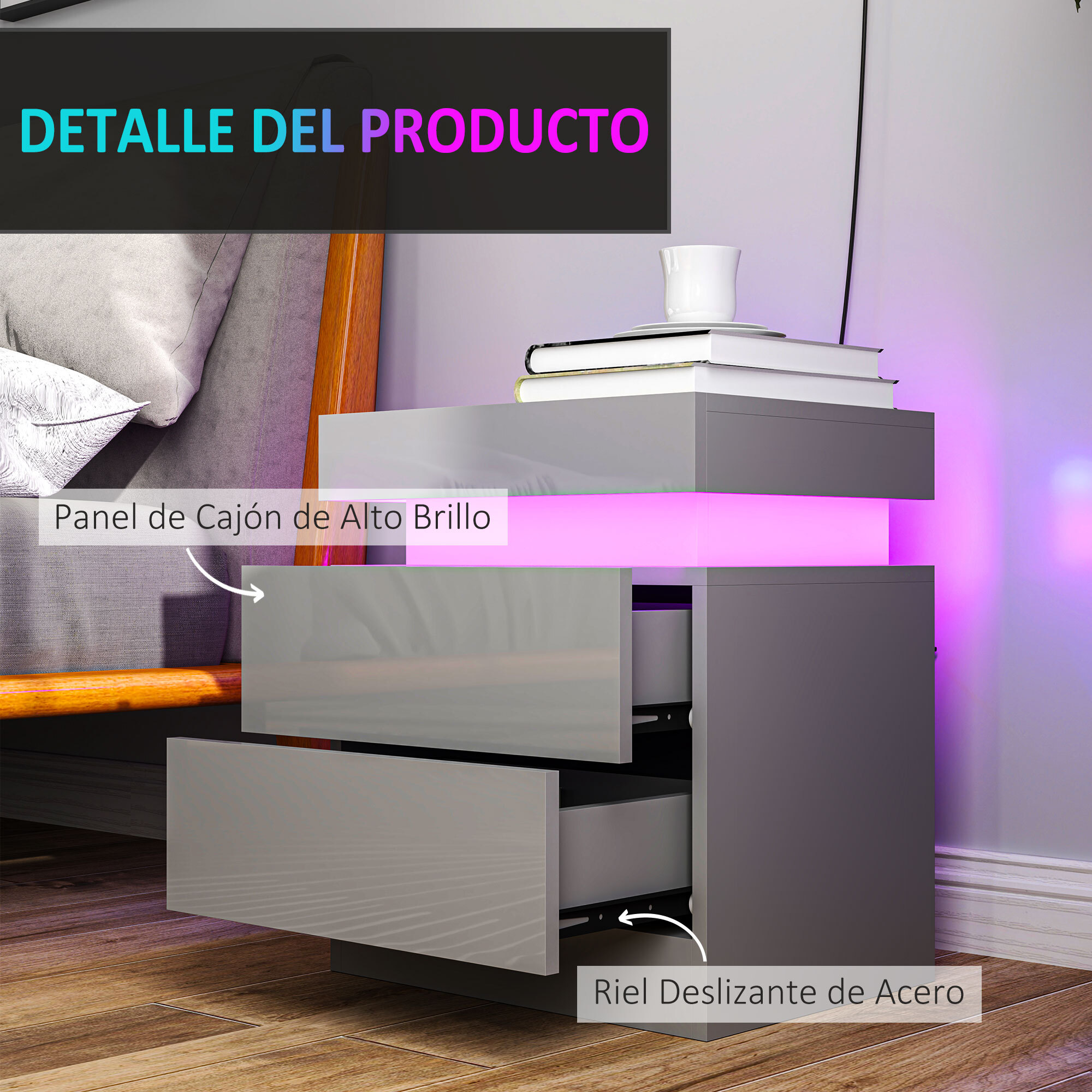 Mesita de Noche con Luces LED Mesilla de Noche con 2 Cajones y Control Remoto Mesa de Noche para Dormitorio Salón 45x35x52 cm