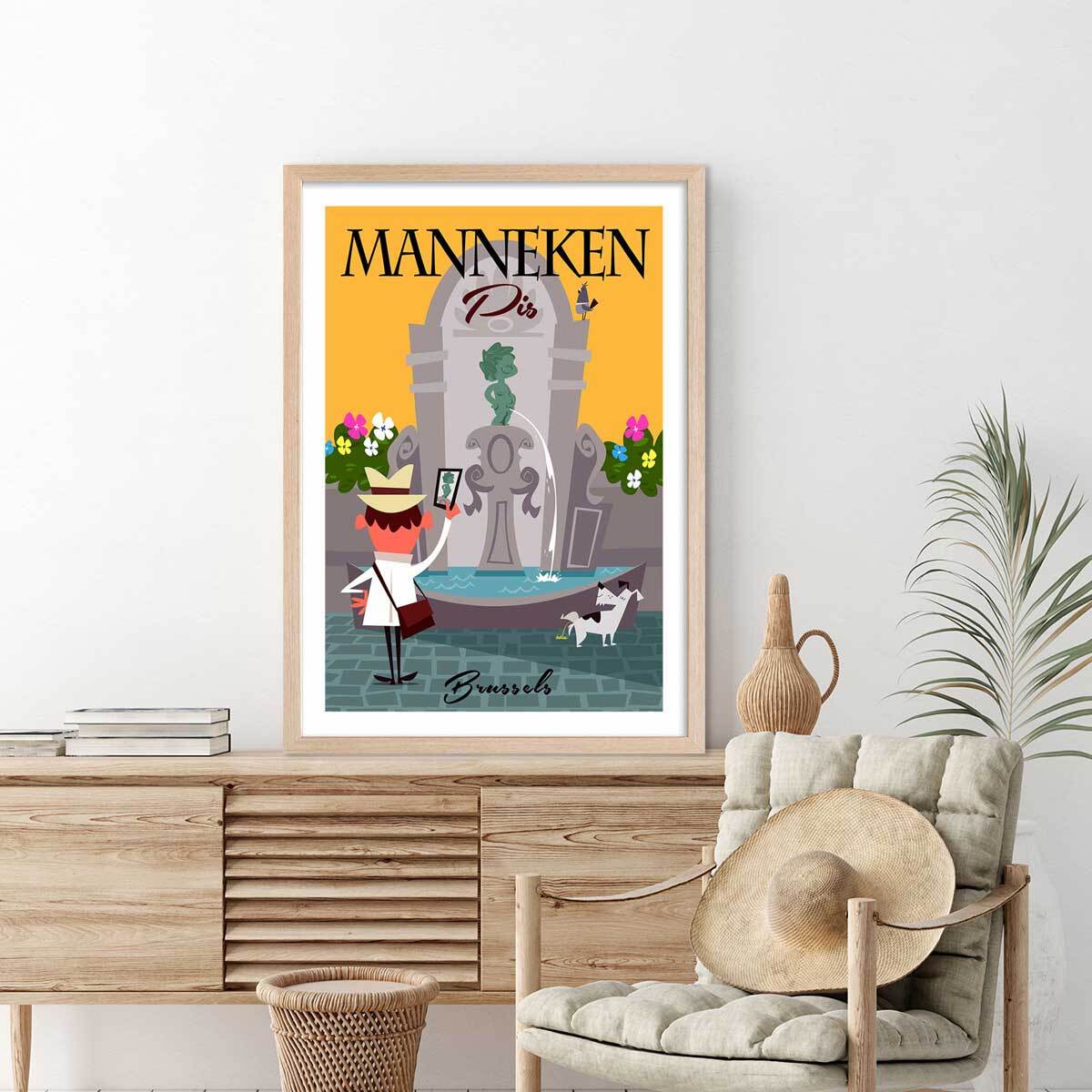 Poster retro manneken pis à bruxelles Affiche + cadre en bois - Chêne