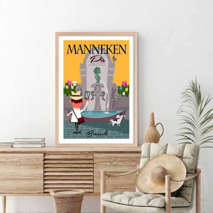 Poster retro manneken pis à bruxelles Affiche + cadre en bois - Chêne