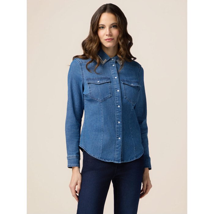 Oltre - Camisa en denim con engastes - Azul