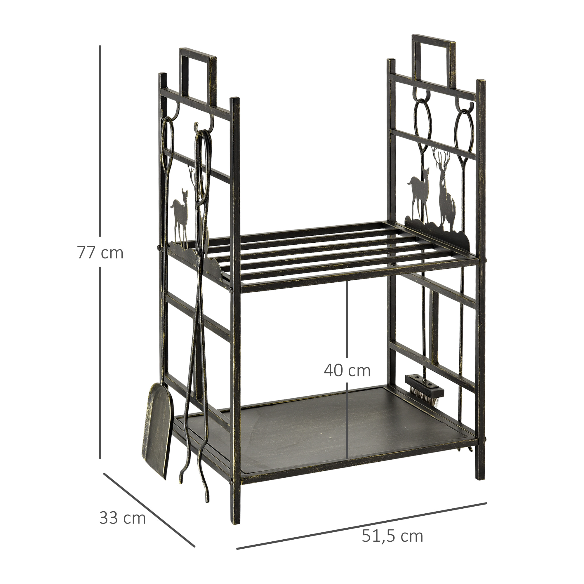 Soporte para Leña de Metal de 2 Niveles Estante para Leña con 4 Herramientas y Asas para Chimenea para Interior y Exterior 51,5x33x77 cm Negro Dorado