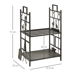 Soporte para Leña de Metal de 2 Niveles Estante para Leña con 4 Herramientas y Asas para Chimenea para Interior y Exterior 51,5x33x77 cm Negro Dorado