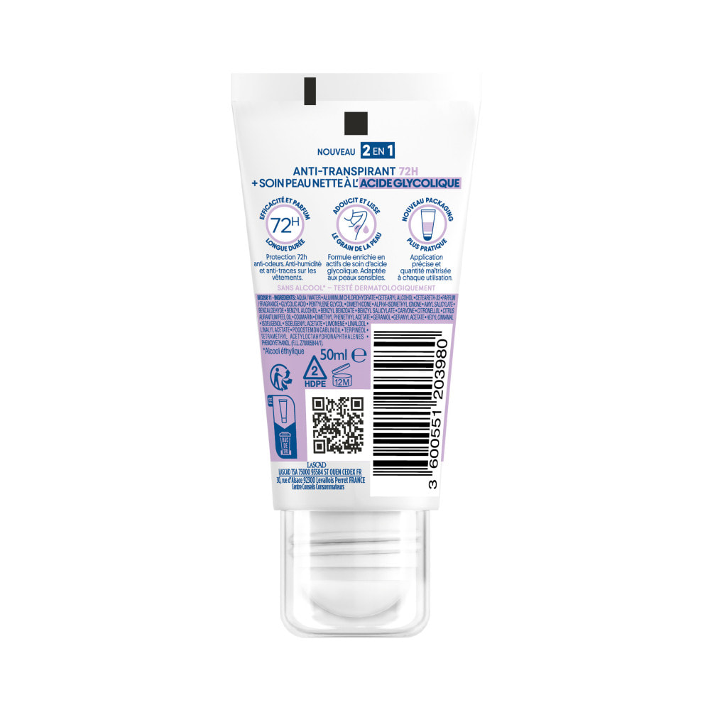 Narta Tube Roll-On Anti-Transpirant 72H + Soin Peau Nette à l'Acide Glycolique 50 ml
