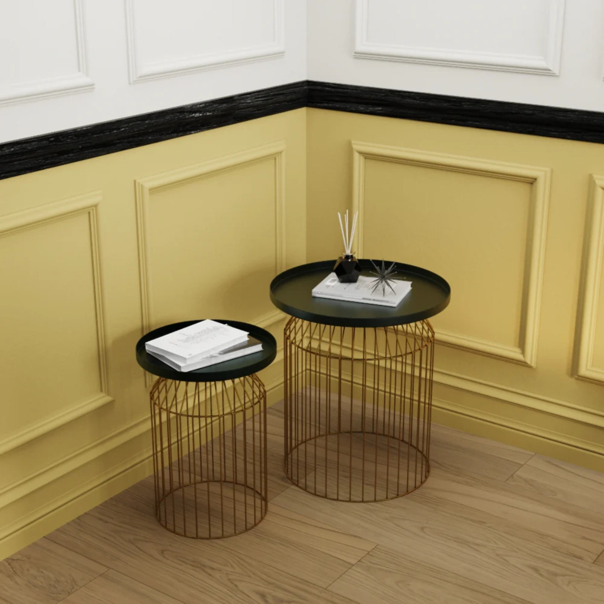 Tables d'appoints rondes en métal bleu gris et laiton (lot de 3) - Palombe
