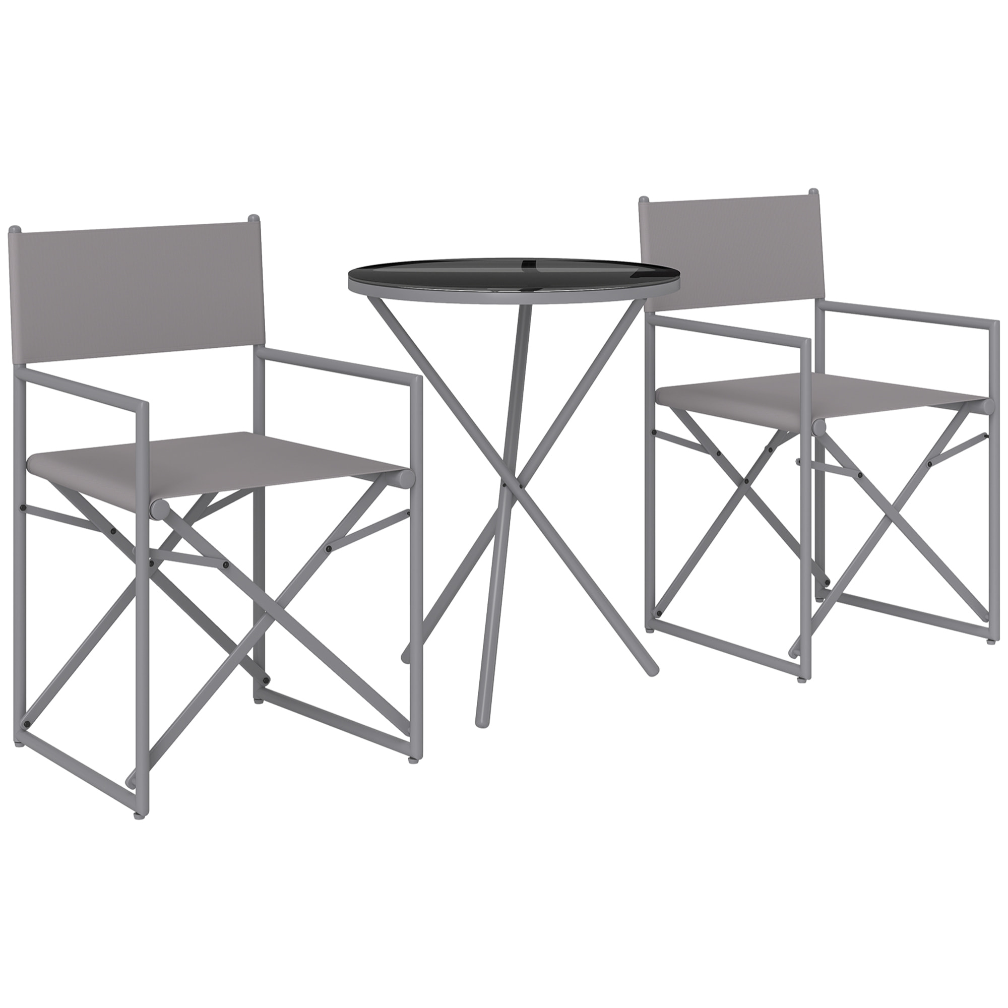 Conjunto de Muebles de Jardín de 3 Piezas Juego de Muebles de Balcón con 2 Sillas Plegables Mesa con Encimera de Vidrio Templado y Estructura de Acero para Terraza Patio Exterior Gris Oscuro