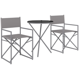 Conjunto de Muebles de Jardín de 3 Piezas Juego de Muebles de Balcón con 2 Sillas Plegables Mesa con Encimera de Vidrio Templado y Estructura de Acero para Terraza Patio Exterior Gris Oscuro