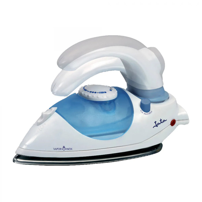Plancha de vapor de viaje JATA PL357N con suela de acero inoxidable. Mango abatible