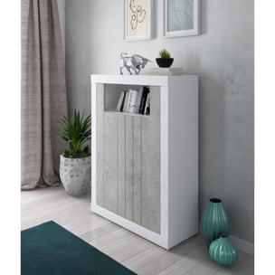 Credenza alta moderna di design a 2 ante e scaffali, Buffet da cucina, Madia con scaffali e ripiani, cm 105x42h143, colore Bianco e Cemento