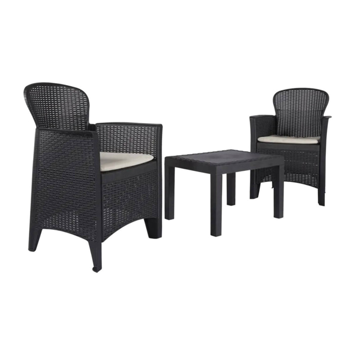 Set salotto da esterno Aneta, Composizione da giardino con 2 poltrone ed 1 tavolino, Salottino effetto rattan con cuscini, 100% Made in Italy, Antracite