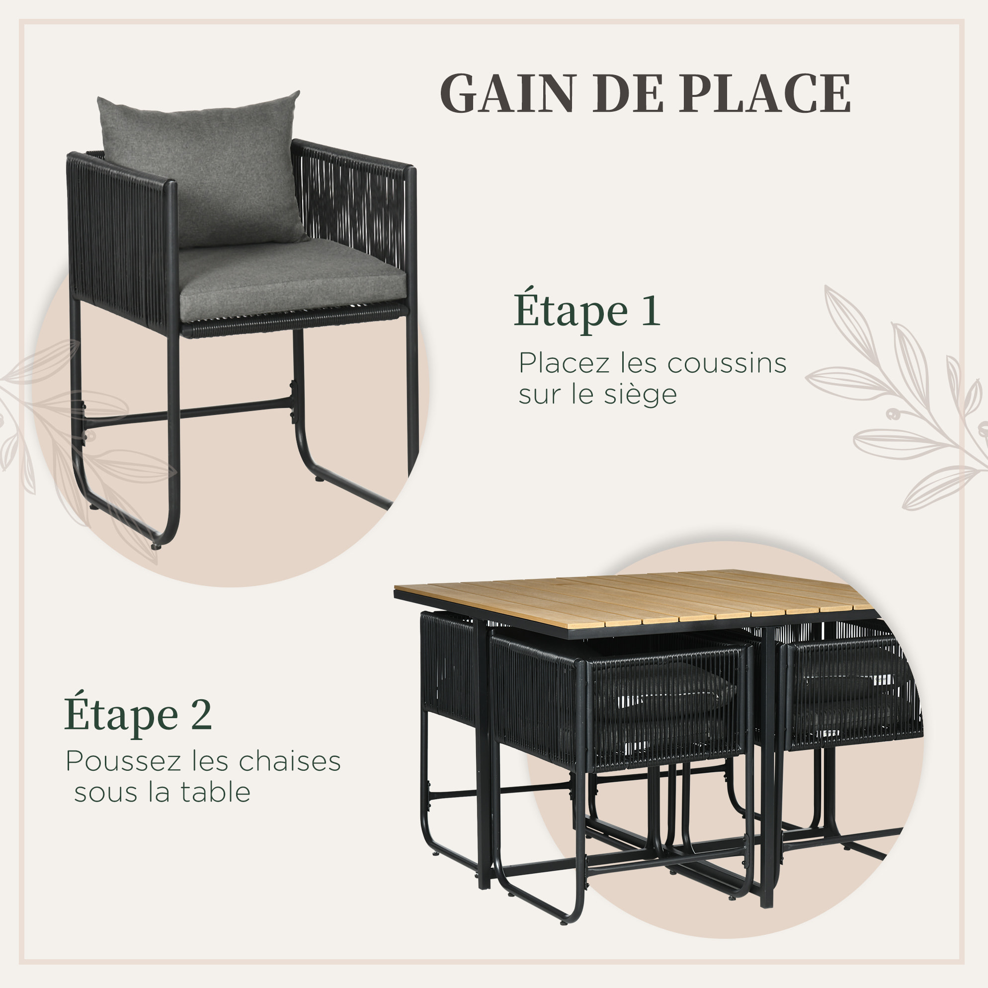 Salon de jardin 4 personnes encastrable avec coussins zippés déperlants métal résine noir effet bois
