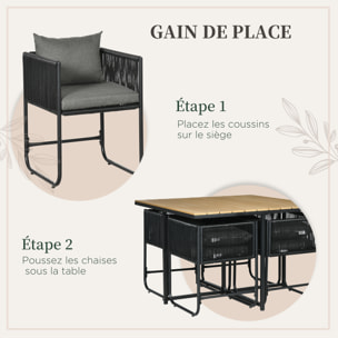 Salon de jardin 4 personnes encastrable avec coussins zippés déperlants métal résine noir effet bois
