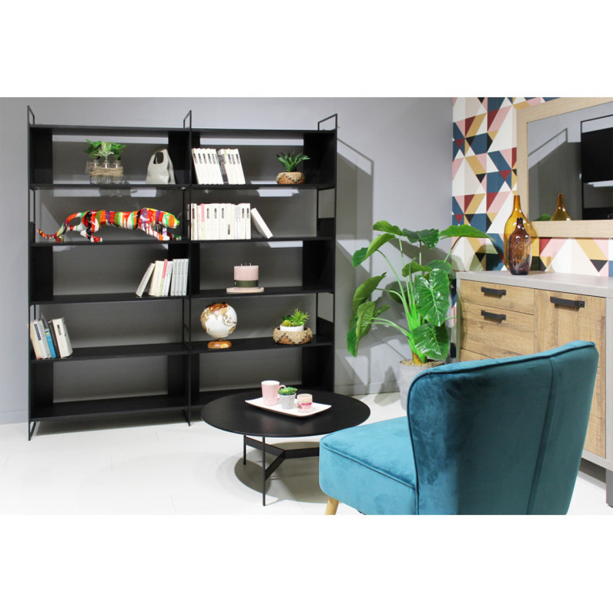 Bibliothèque 8 étagères L.180 cm en métal et décor bois noir - DESTINY