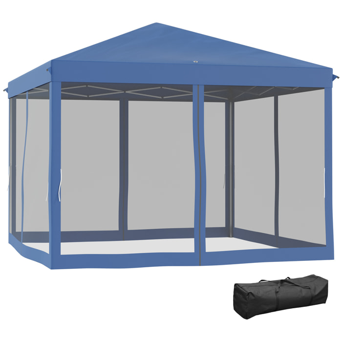 Carpa Plegable 3x3 m Cenador de Jardín con 4 Paredes Laterales de Malla 8 Orificios de Drenaje Impermeable y Bolsa de Transporte para Jardín Patio Fiestas Azul