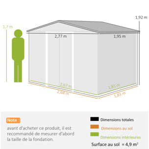 Abri de jardin - remise pour outils - cabanon double porte coulissante - fondation incluse - dim. 277L x 191l x 192H cm - tôle d'acier ondulée vert clair