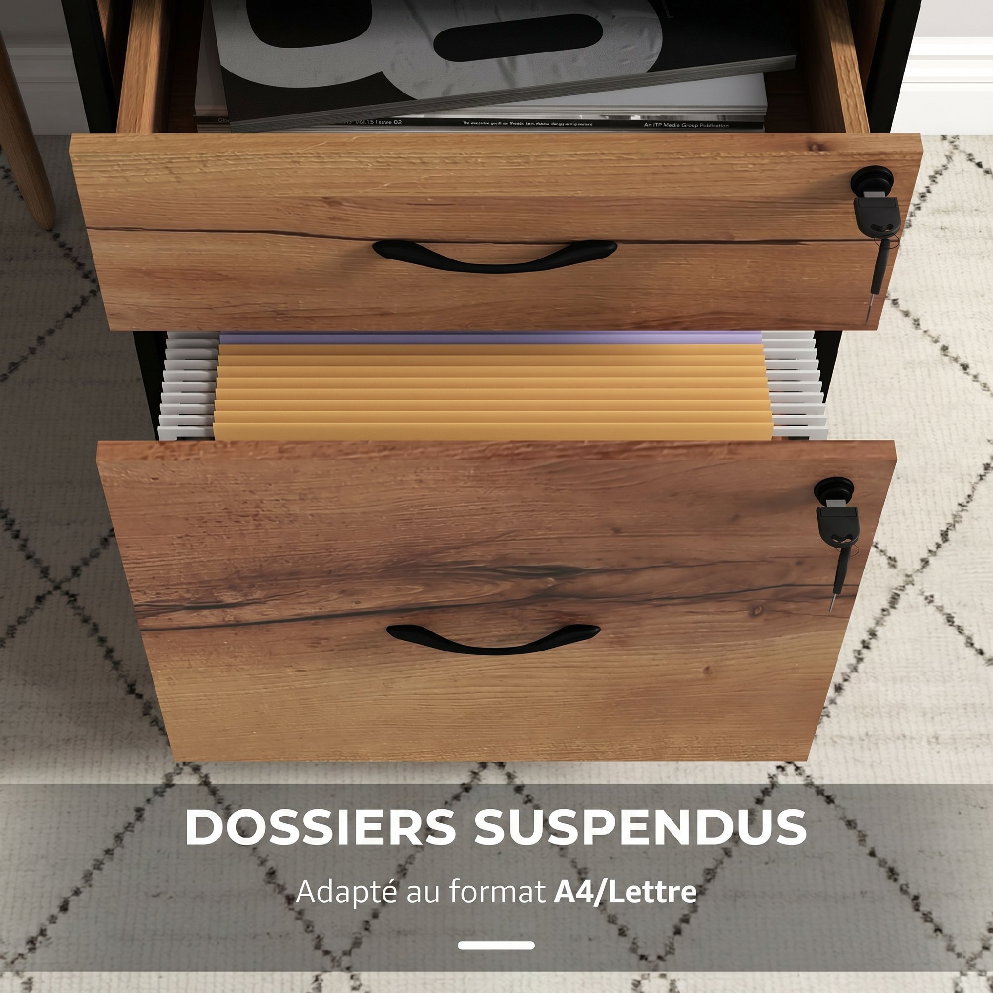 Caisson bureau mobile 2 tiroirs verrouillables dossiers suspendus acier noir effet bois