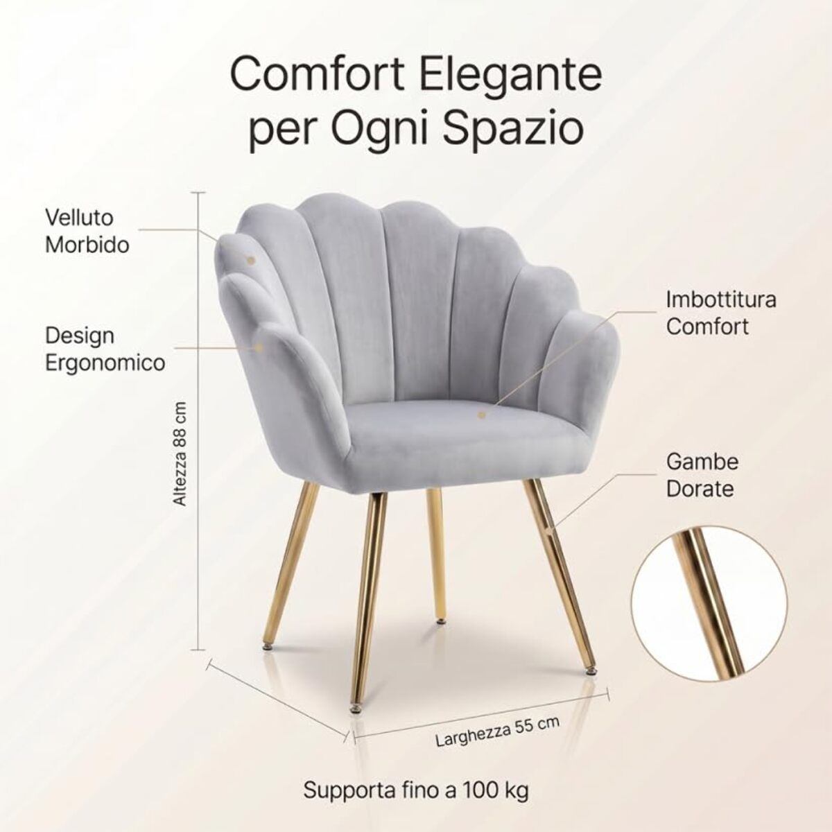 Poltrona in velluto design a conchiglia elegante e moderna, seduta imbottita confortevole con base in legno e gambe in metallo dorato, poltroncina versatile per soggiorno, camera o ufficio, stabile e resistente fino a 100 kg, stile raffinato e decorativo