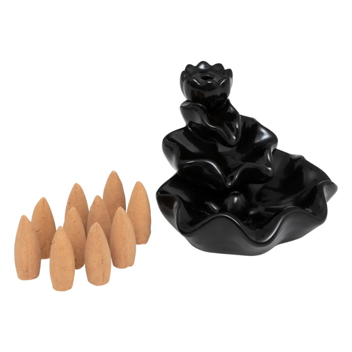 Kit cônes et fontaine à encens "Iloe" noir 9,5x10,5cm