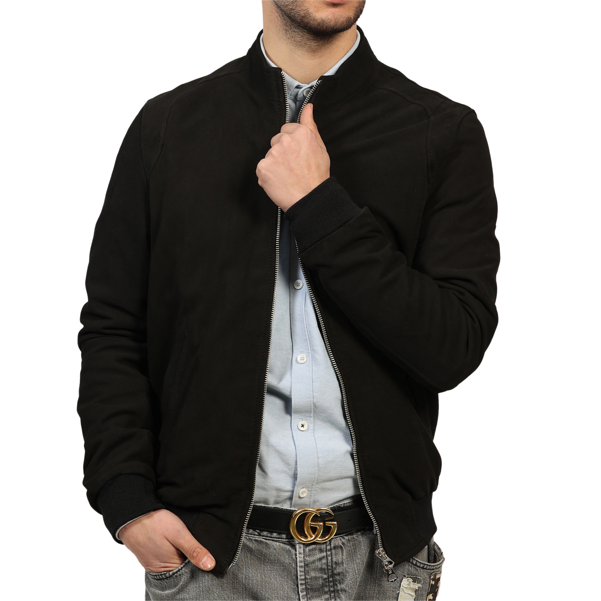 Giubbino in vera pelle di vitello scamosciata Nero-Slim Fit
