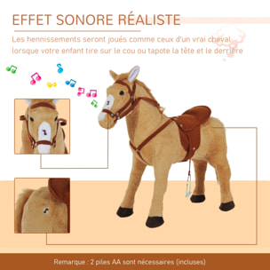 Cheval debout en peluche effets sonores hennissement et galop selle étrier rênes beige