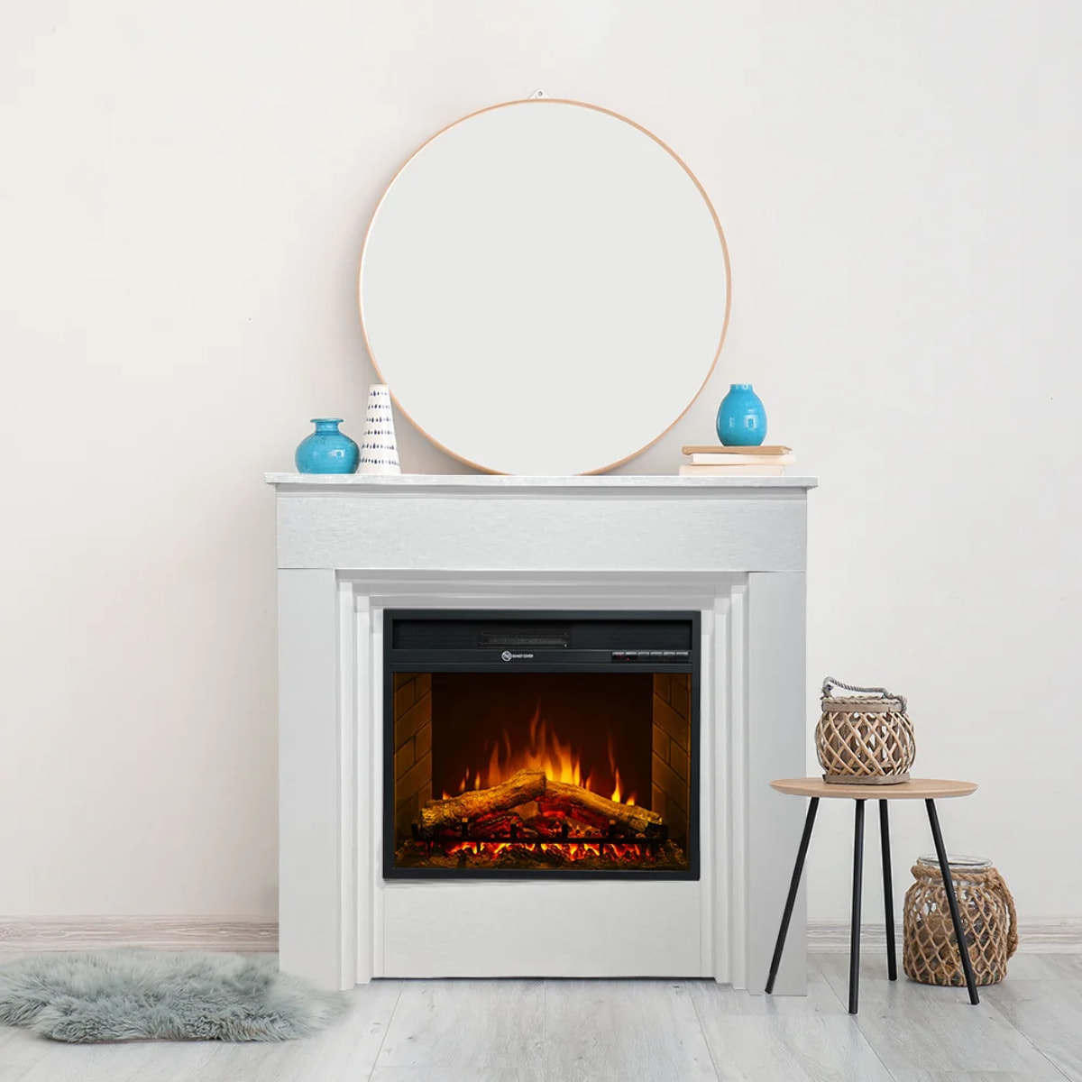Bellini - Camino Elettrico Da Terra con Effetto Fiamma 96x96x35 cm in Legno Bianco