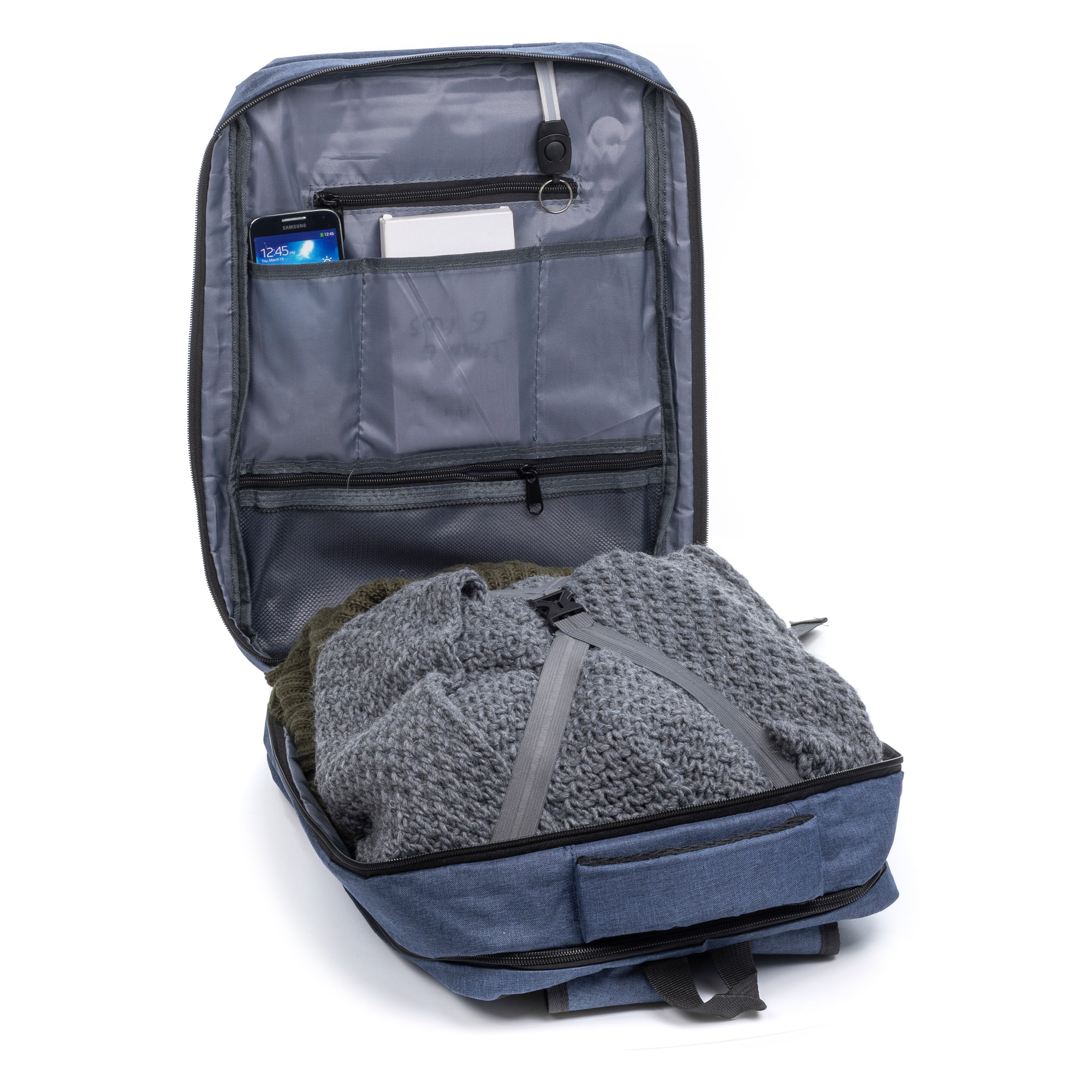 Zaino da cabina multiscomparto, porta laptop 17". Adattabile a Trolley. Presa USB esterna nascosta.