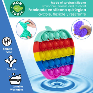 Bubble Pop It giocattolo sensibile antistress, bolle di silicone da spremere e premere. Disegno di mela multicolore.