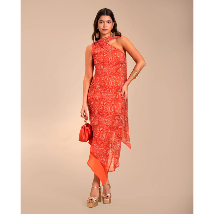 Vestido midi asimétrico con foulard.