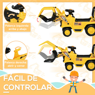 Tractor sin Pedales Excavadora para Niños de +3 Años con Bocina Asiento de Almacenamiento Oculto y Pala Móvil Carga 30 kg 83x27x39 cm Amarillo