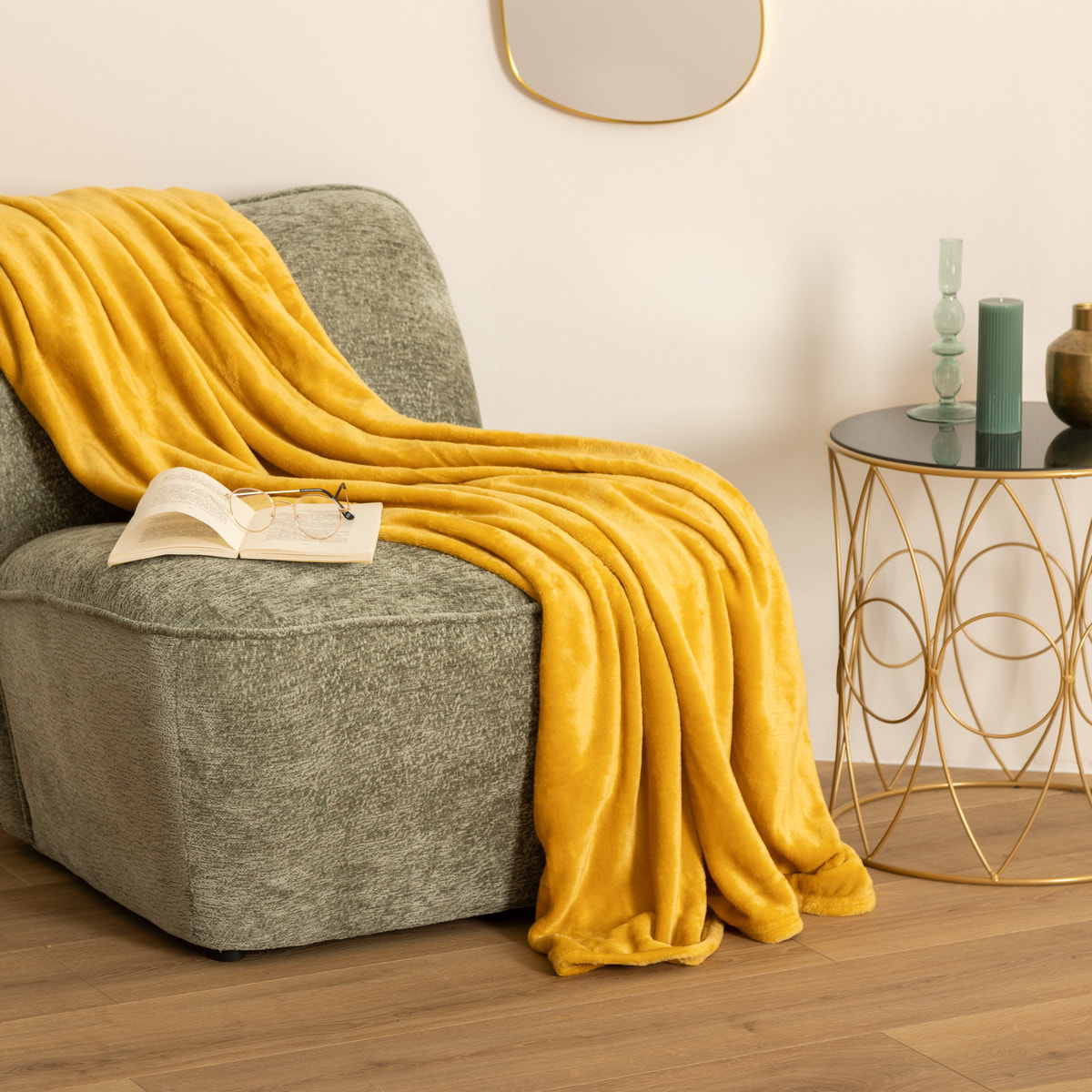 Plaid - flanelle - jaune ocre - 130x180 cm
