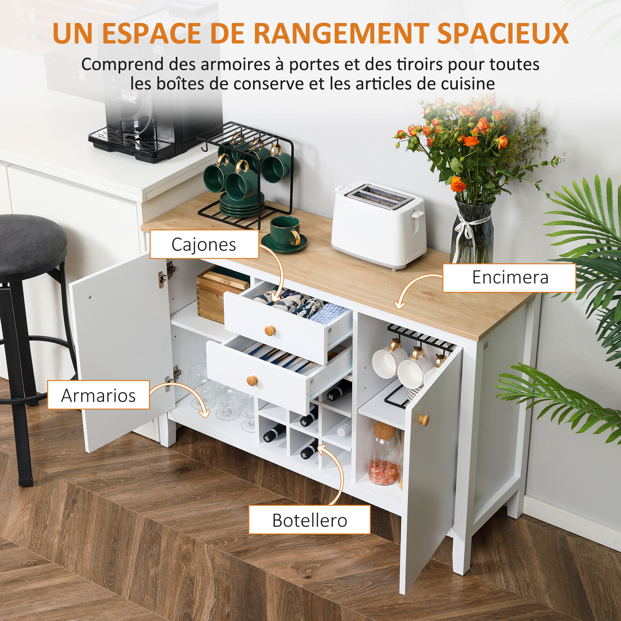 Aparador de Cocina con Botellero Aparador con 2 Cajones 2 Puertas Estantes Ajustables para 9 Botellas Buffet Auxiliar de Cocina para Comedor Salón 110x35x75 cm Blanco