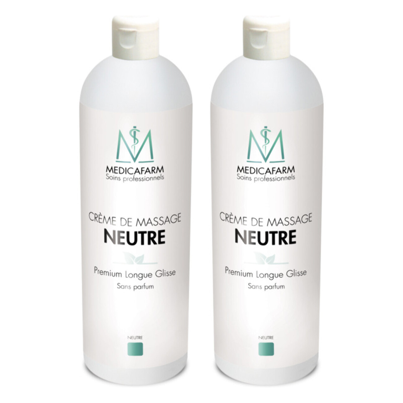 MEDICAFARM - Crème de massage neutre premium longue glisse - Texture fluide & onctueuse - Respecte le PH cutané - Sans allergène - Sans parfum - Lot de 2 flacons de 1L