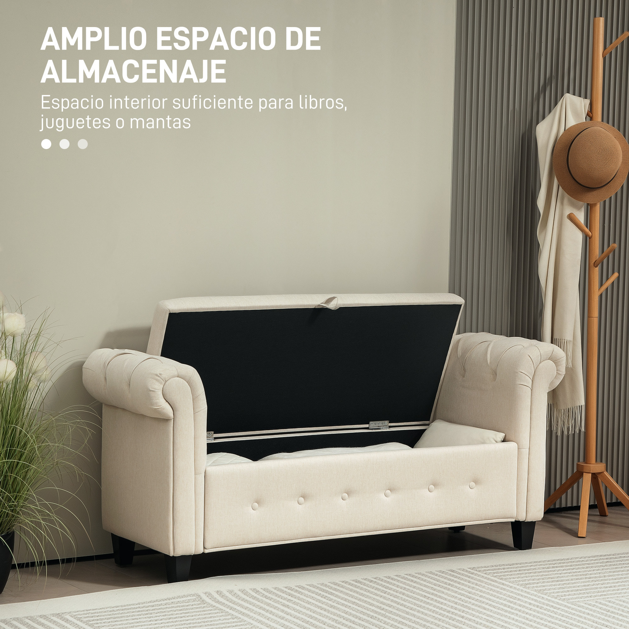 Banco de Almacenamiento Taburete de Almacenaje de Lino con Tapa de Bisagras Patas de Madera y Reposabrazos Enrollados para Dormitorio Salón Pasillo Carga 150 kg 146,5x49x74,5 cm Beige