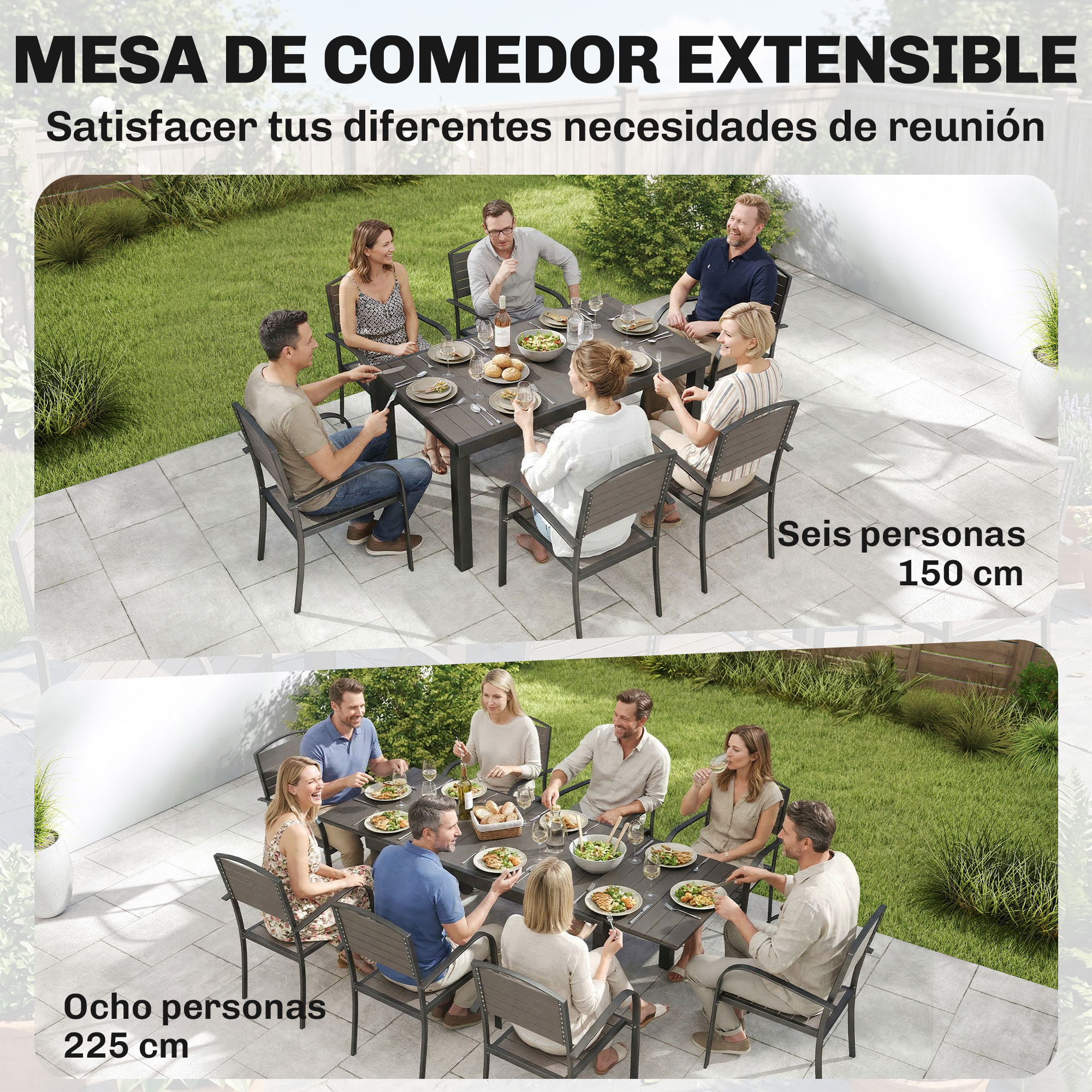 Outsunny Conjunto de Mesa y Sillas Jardín de 9 Piezas, Muebles Jardín Exterior con Mesa Extensible 150 a 225 cm, Estructura de Aluminio, 8 Sillas Apilables, Tablero de Lamas de Madera Plástica, Gris