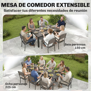 Outsunny Conjunto de Mesa y Sillas Jardín de 9 Piezas, Muebles Jardín Exterior con Mesa Extensible 150 a 225 cm, Estructura de Aluminio, 8 Sillas Apilables, Tablero de Lamas de Madera Plástica, Gris
