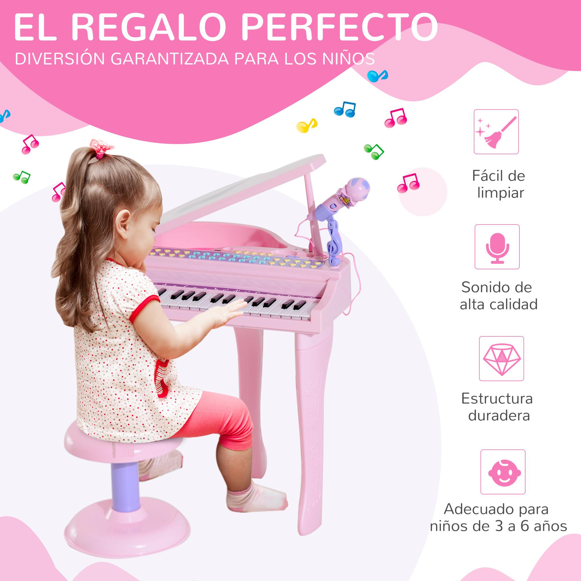 Piano Infantil 37 Teclas Teclado Electrónico Juego de Piano con Micrófono Taburete Luces y 22 Canciones USB/MP3 Karaoke Modo de Enseñanza Rosa