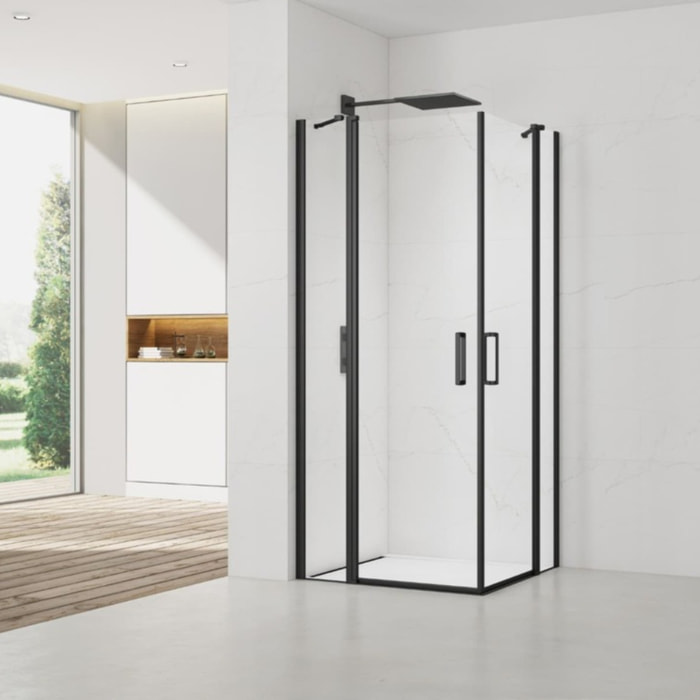 Fusion Portes de douche acces en angle pivotantes 80x80cm anticalcaire avec profilés noir mat (SATFUDP8080C-SET)
