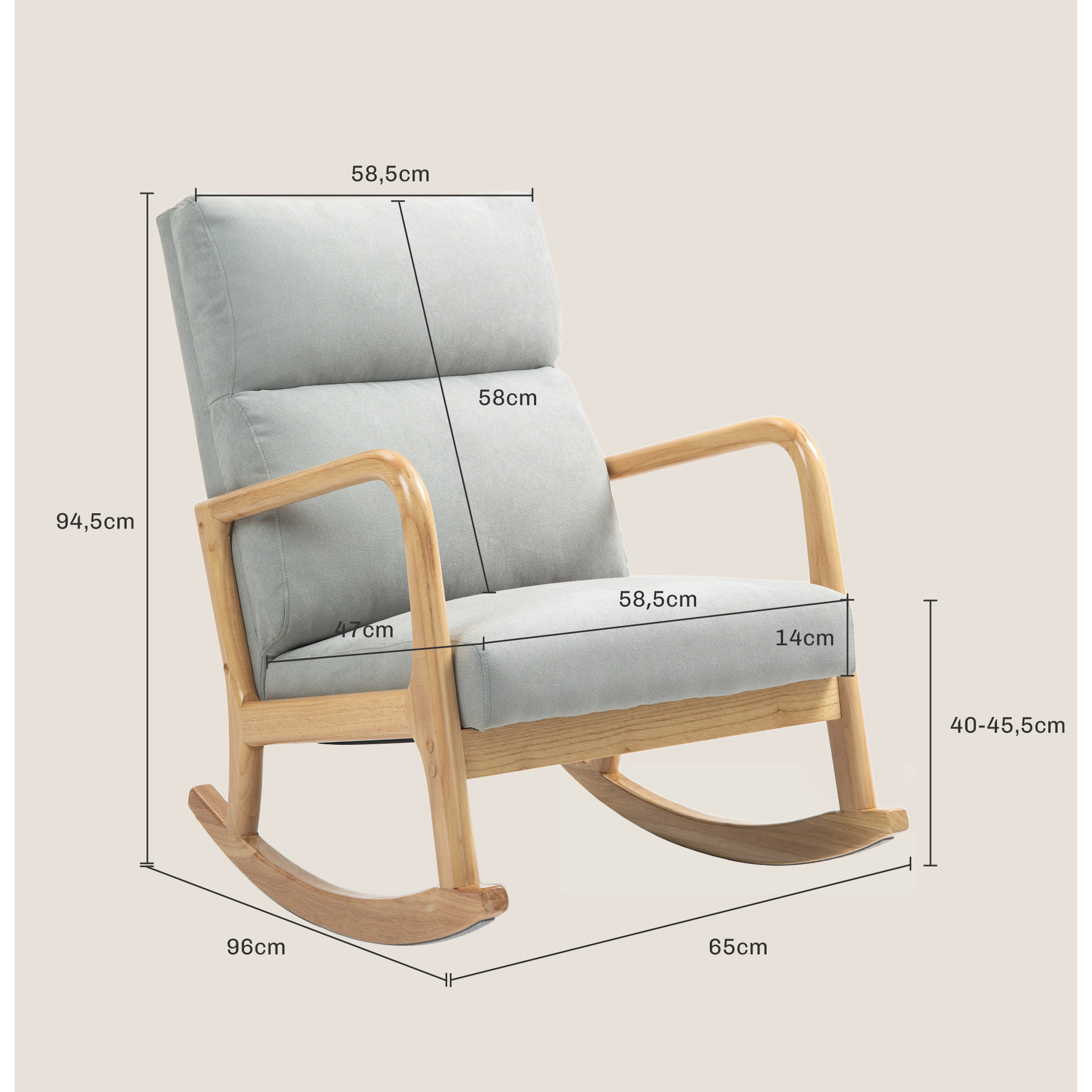 Mecedora Tapizada en Lino Silla Mecedora con Patas de Madera de Caucho y Reposabrazos Mecedora para Lactancia Carga 150 kg para Dormitorio Salón Gris