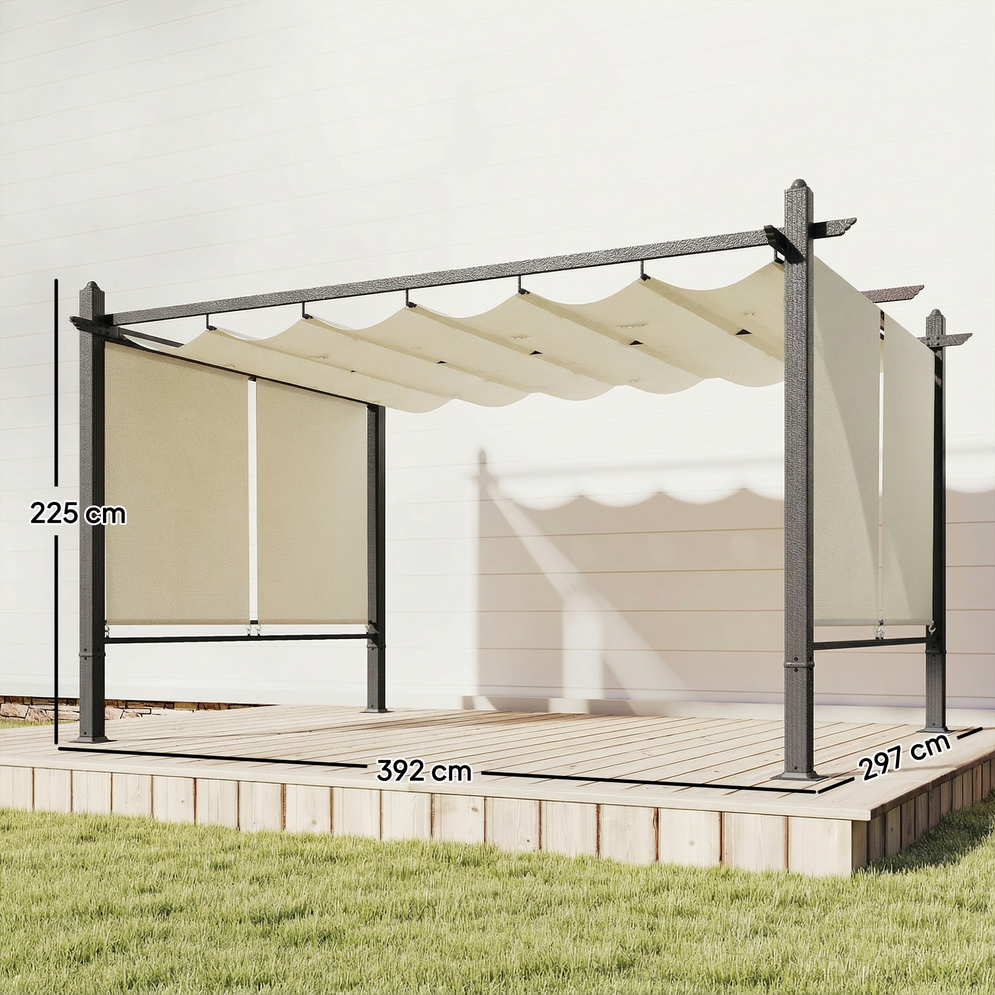 Pérgola de Jardín 4x3 m con Techo Retráctil y 4 Cortinas Enrollables Automáticas, Cenador de Jardín con Protección UV50+, Estructura de Aluminio, Drenaje, Pabellón para Exterior, Crema