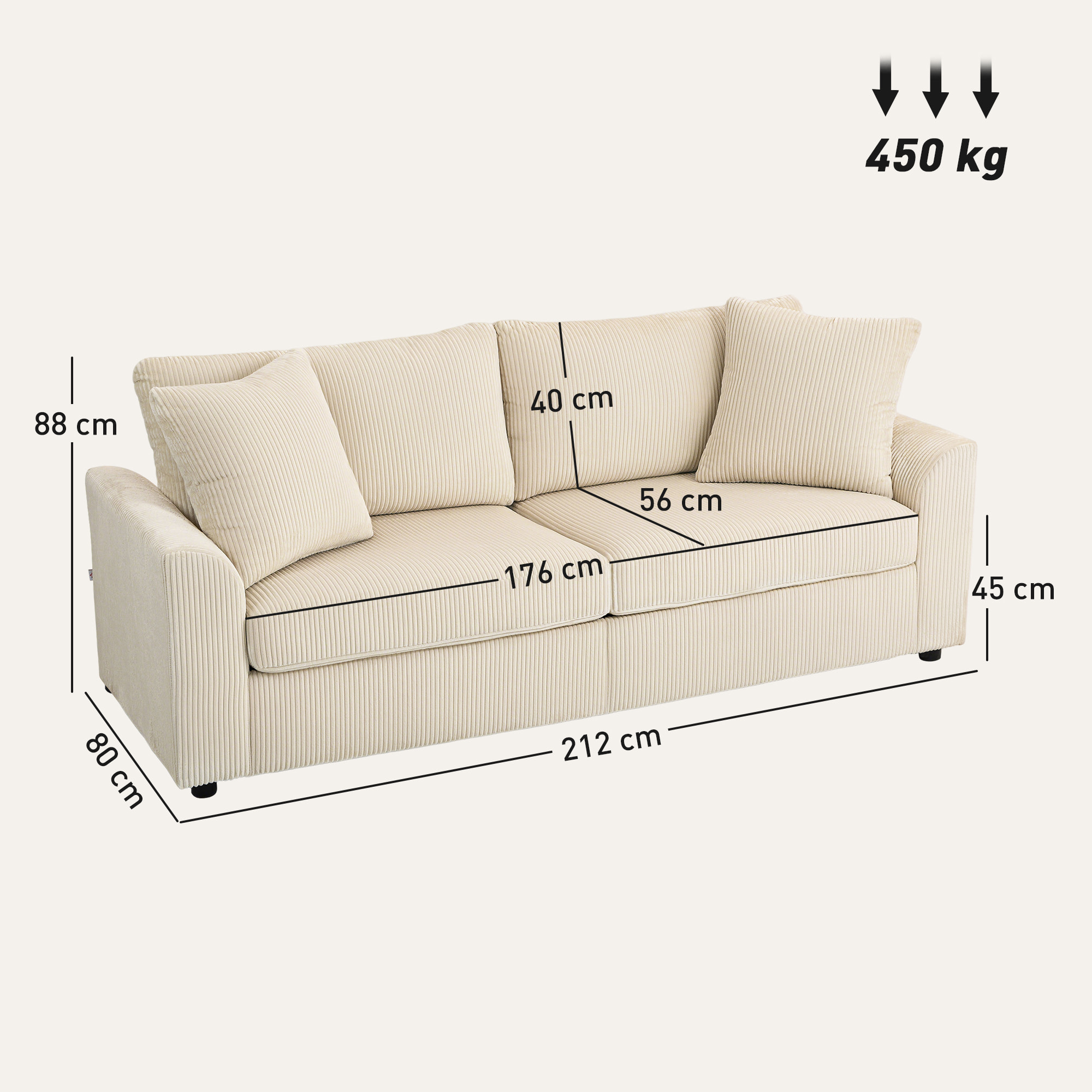 Sofá de 3 Plazas Sofá de Salón 212x80x88 cm Tapizado en Pana con 2 Almohadas Reposabrazos y Cojín de Muelles Diseño Moderno para Sala de Estar Dormitorio Crema