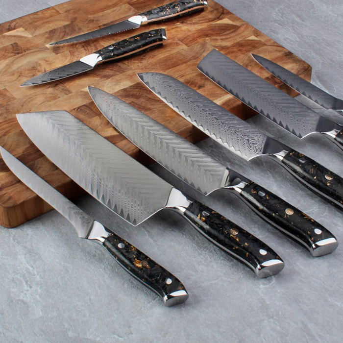 Set de cuchillos de cocina 8 en 1 estilo Damasco con diseño elegante y mango de resina de fibra de carbono.