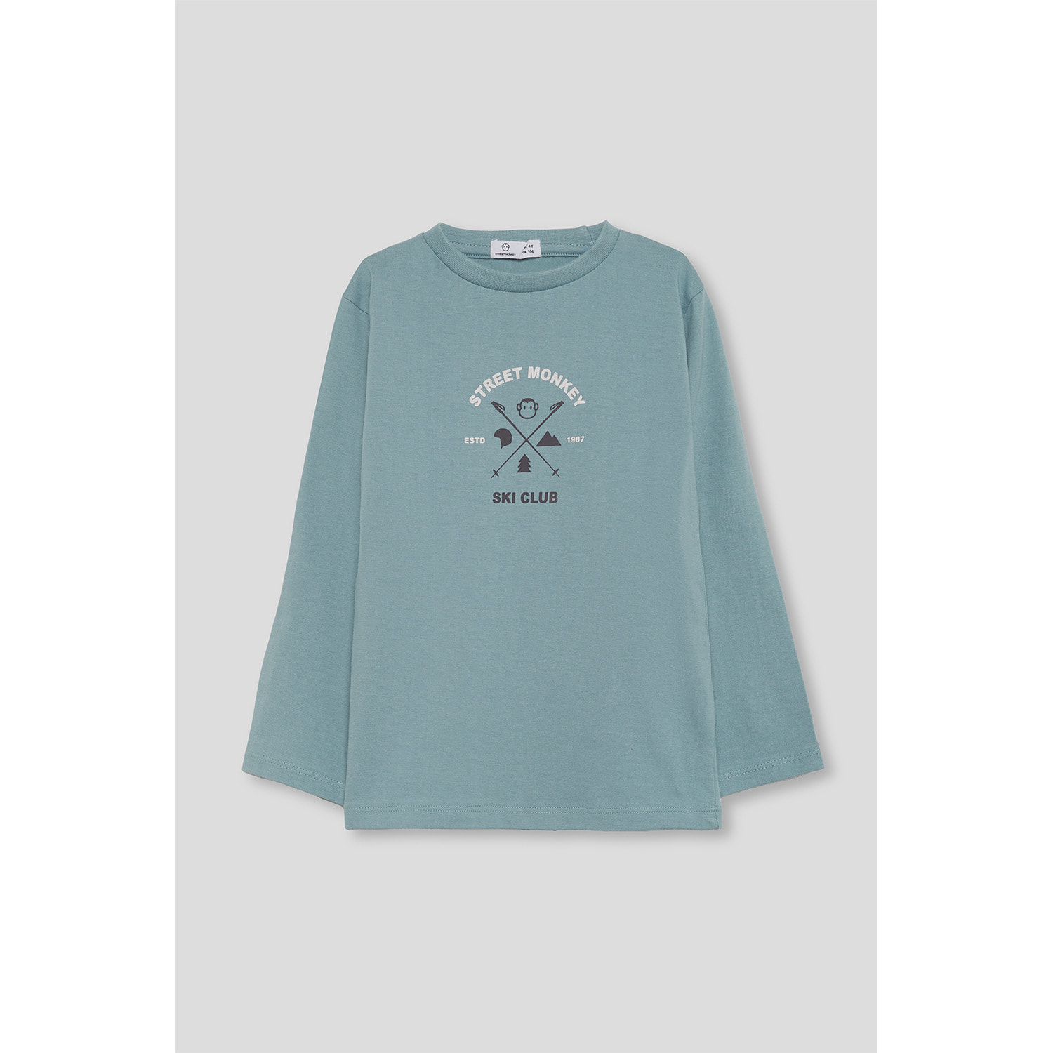 Camiseta niño azul verdoso de manga larga, estampado frontal Street Monkey Ski Club | Color: Azulado | Street Monkey