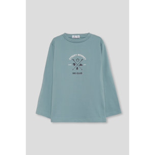 Camiseta niño azul verdoso de manga larga, estampado frontal Street Monkey Ski Club | Color: Azulado | Street Monkey