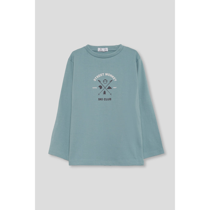 Camiseta niño azul verdoso de manga larga, estampado frontal Street Monkey Ski Club | Color: Azulado | Street Monkey