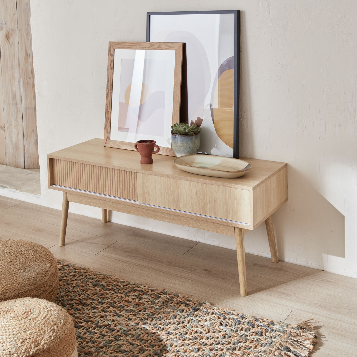 Meuble TV scandinave décor bois 2 portes 115 cm LINEAR