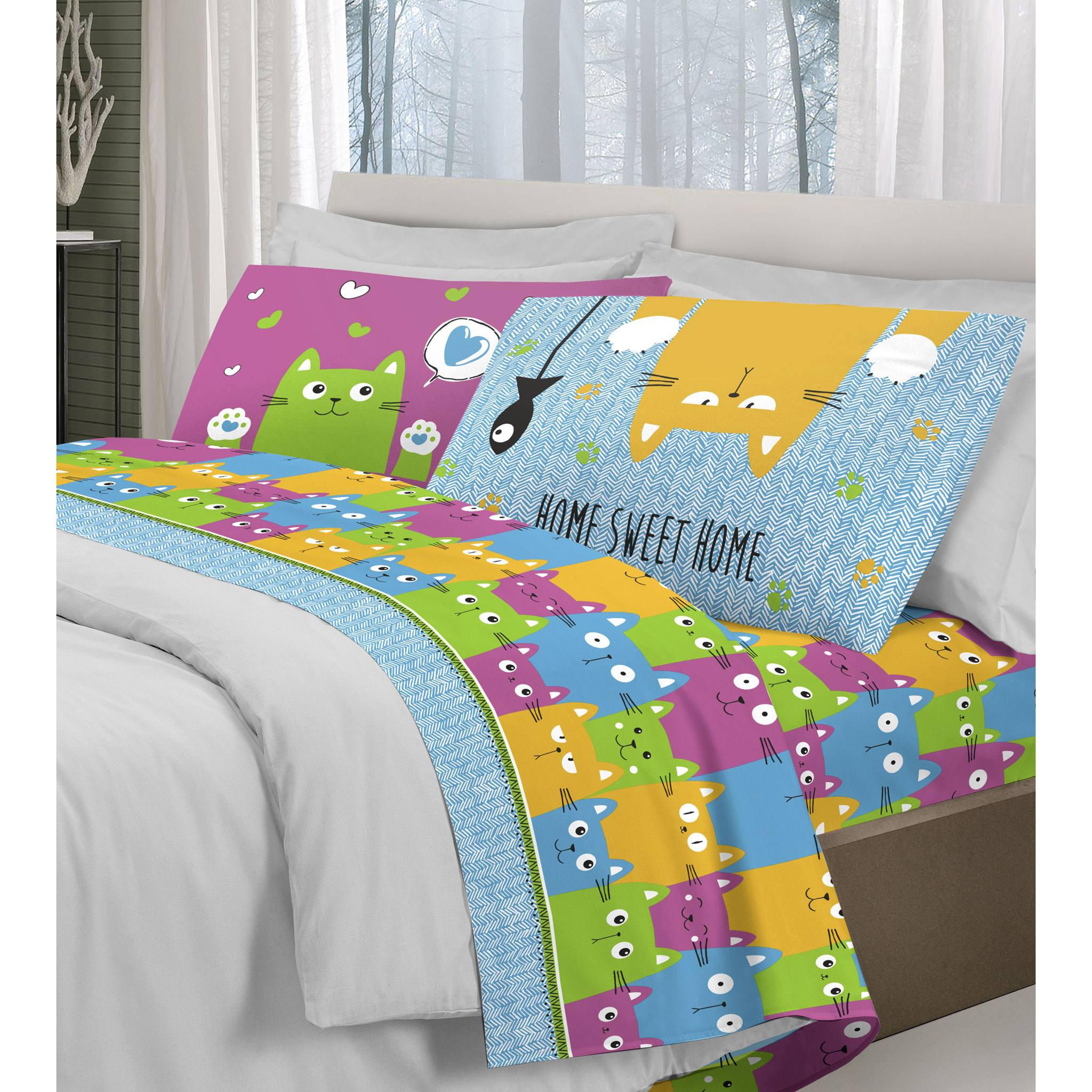 Completo Lenzuola In 100% Cotone Happy Cat Multicolor