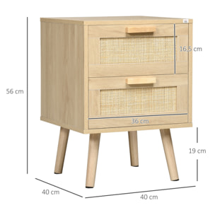 Conjunto de 2 Mesitas de Noche de Bohemio Mesillas de Noche con Cajones de Rejilla de Mimbre y Patas de Madera para Salón Dormitorio 40x40x56 cm Natural