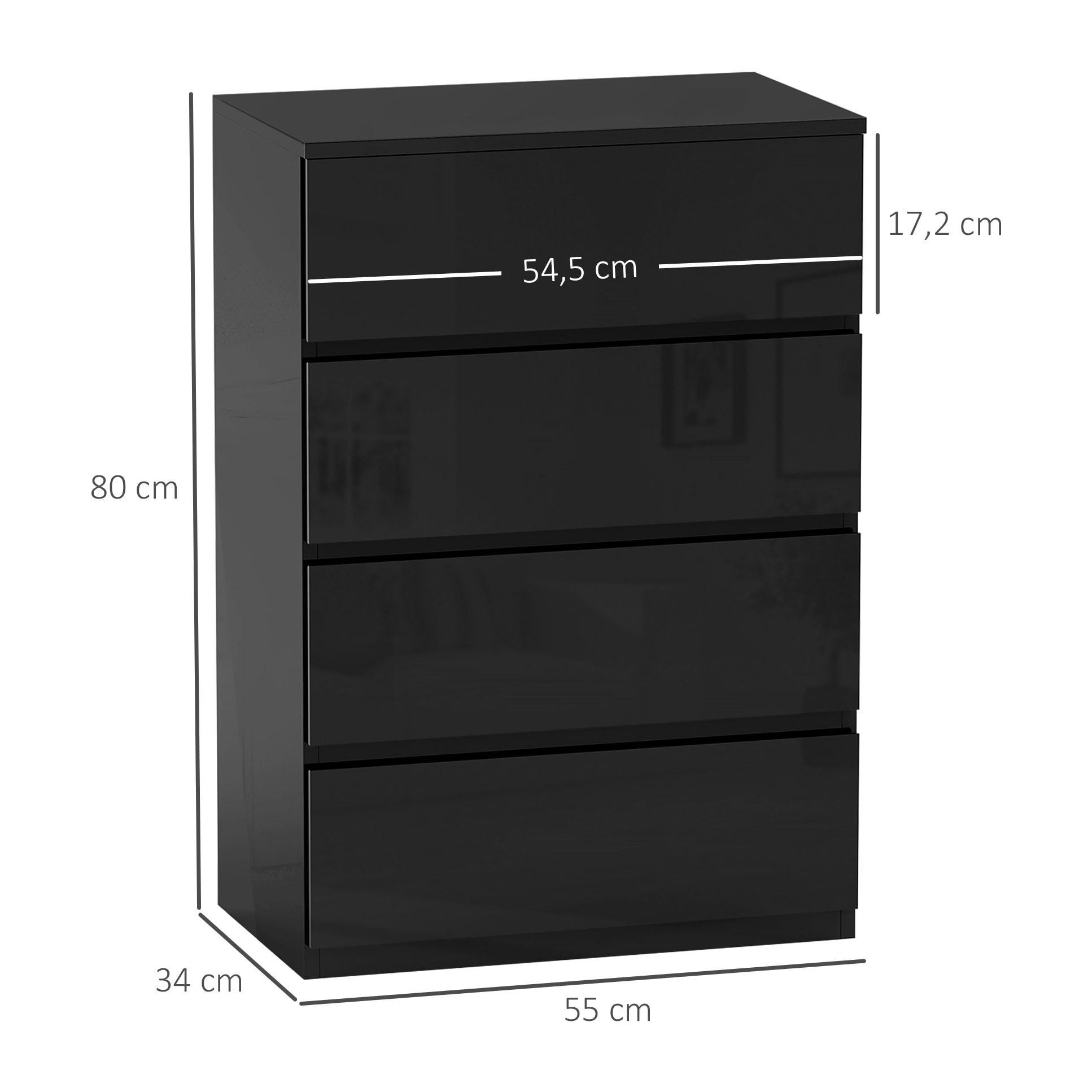 Cómoda con 4 Cajones Cómoda de Dormitorio Moderna con Diseño Anti-vuelco Cajonera para Salón Pasillo 55x34x80 cm Negro Brillo