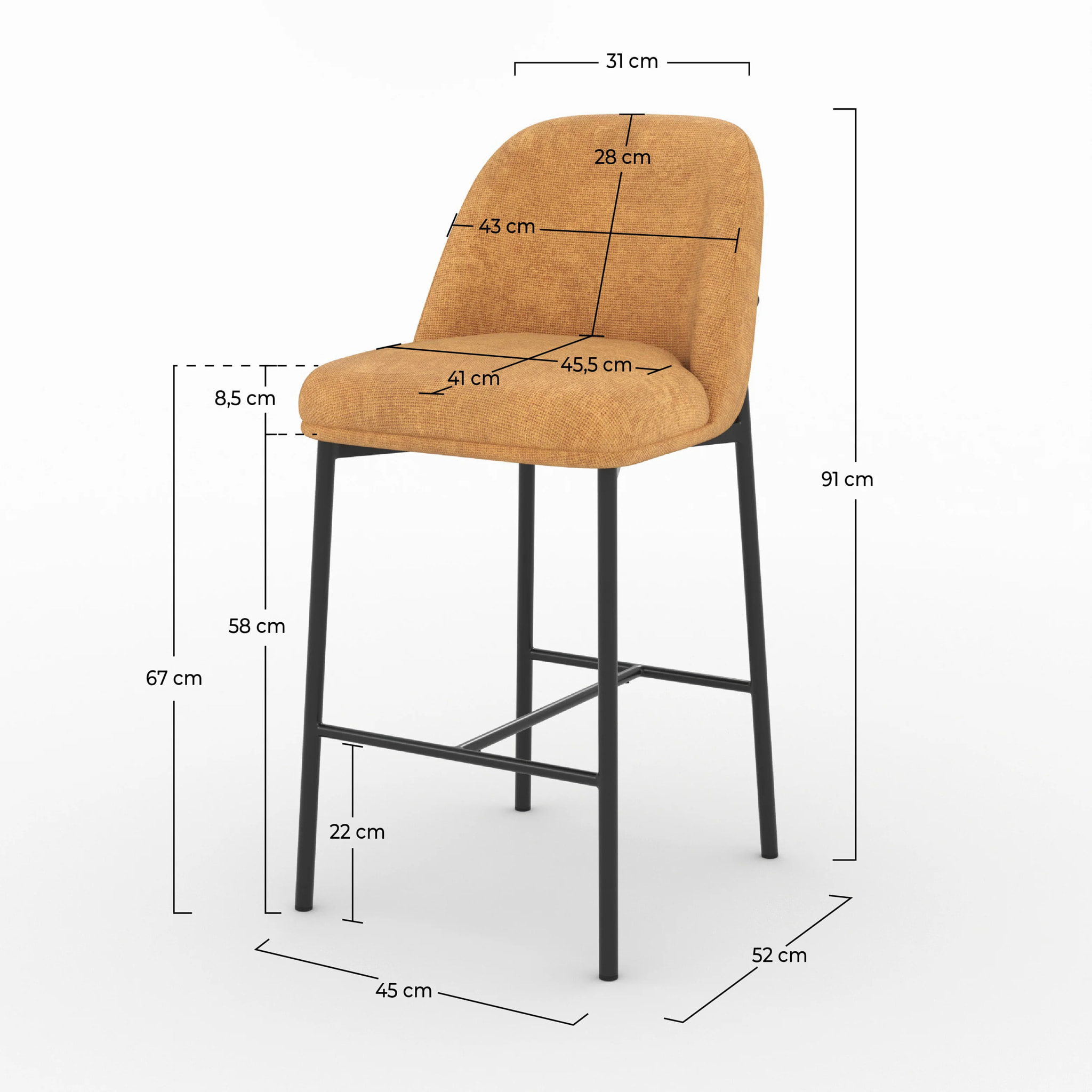 Lot de 2 chaises pour îlot central 67 cm en tissu jaune moutarde - Noah