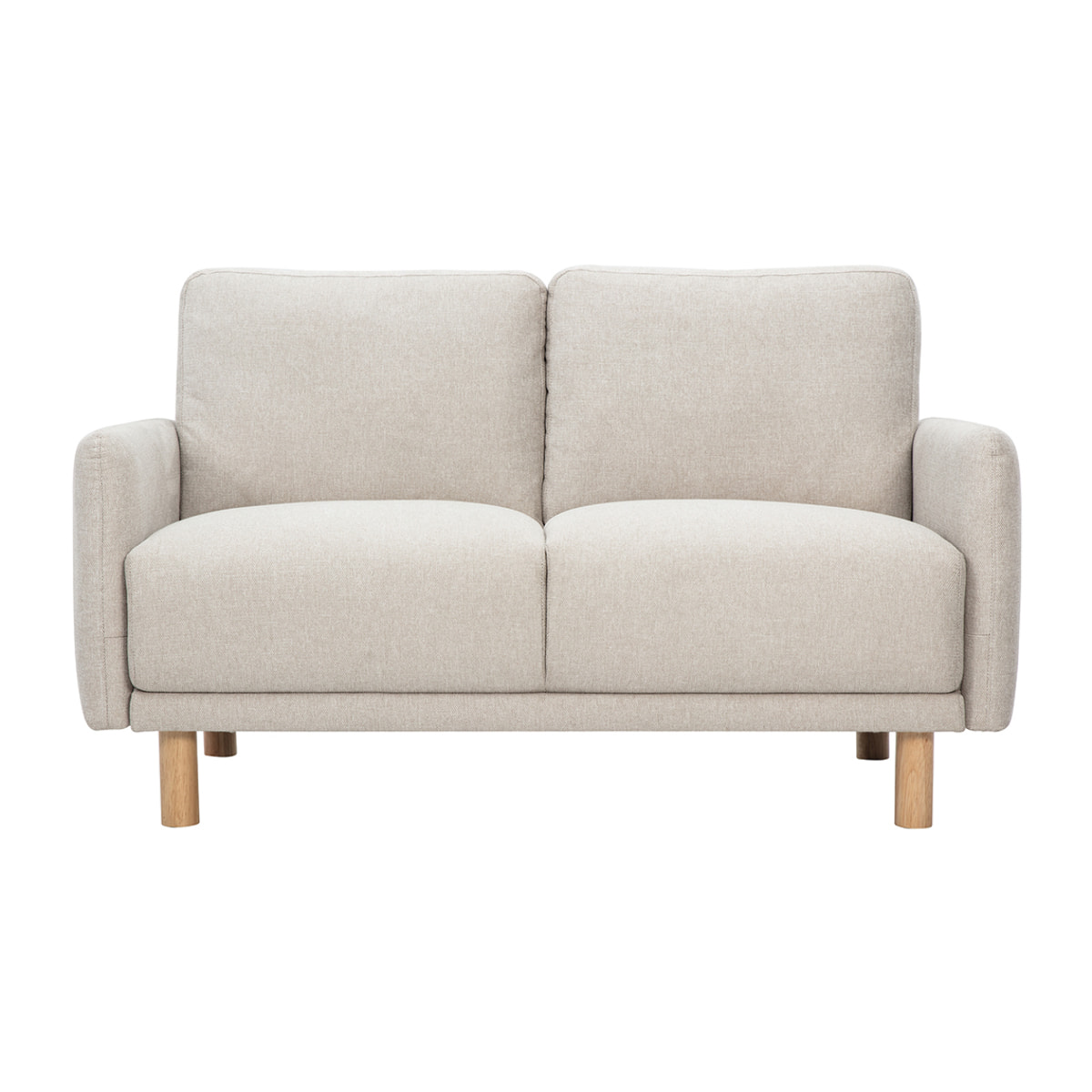 Canapé design 2 places en tissu effet velours texturé beige et bois clair BONO