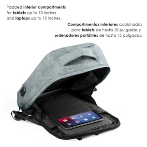 Mochila antirrobo Komplete de poliester 300D, con toma USB exterior. Bolsillo en lateral con protección RFID.